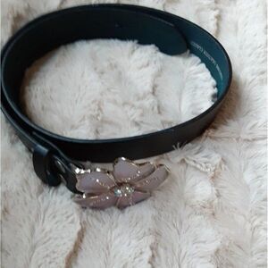 Vera Pelle Black Leather Belt S Pink Purple Flower Buckle Italian Designer